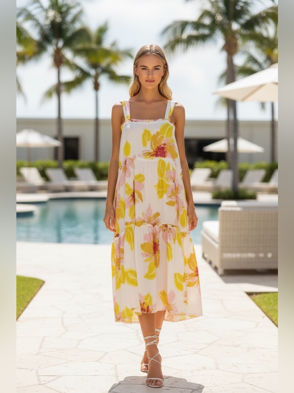 Free People Moonshine Midi Floral Tiered Boho Linen Dress Spaghetti Straps L NWT